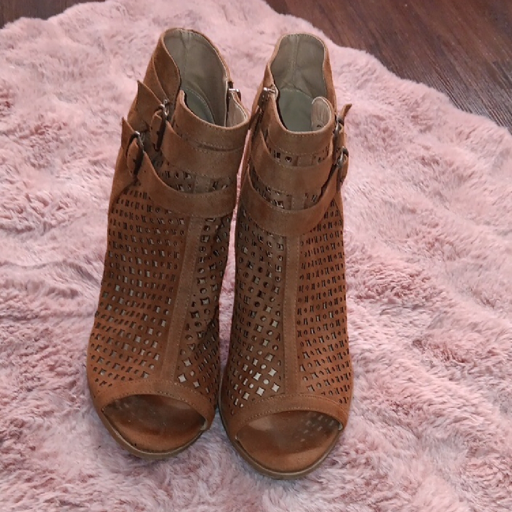 Torrid Tan Peep-Toe Ankle Booties with Stacked Heel